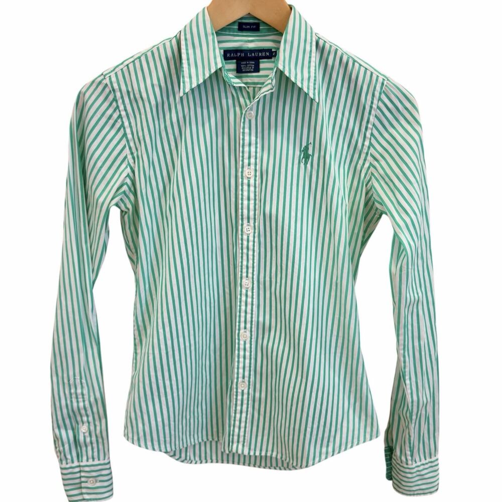 Ralph Lauren Blue Label Womens 2 Slim Fit Green White Striped Oxford Shirt - Picture 2 of 8